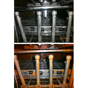 バイオフィルムを形成した洗浄機内（上）と、バイオフィルムのない洗浄機内（左）