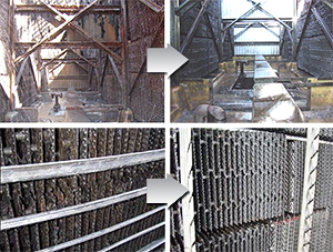 クーリングタワーの殺菌洗浄前（左）と後（右）