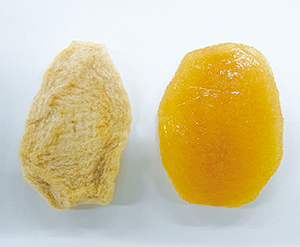 梨のドライフルーツ（左：従来製法 右：特許製法）