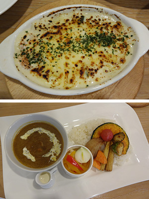 （上）有機野菜の豆乳クリームグラタン（下）彩り野菜と大豆ミートのカレー 豆乳クリーム添え