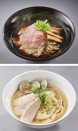 調理イメージ＝（上）麺活醤油ラーメンスープ黒、（下）麺活塩ラーメンスープ貝