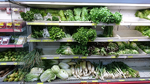 白菜、大根、ネギなどの日本の野菜が並ぶ日系スーパー（首都ブラジリア）