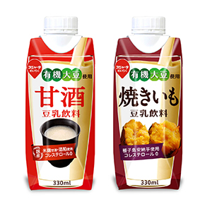 スジャータ豆乳飲料「甘酒」（左）、「焼きいも」
