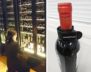 （左）＝ボトルに装着したRFIDをリーダーで一括読み取りする従業員、（右）＝RFIDタグが装着されたワインボトル